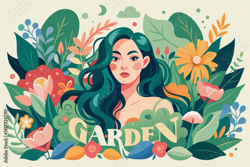 Illustration of a woman with green hair surrounded by flowers and leaves in a garden setting design