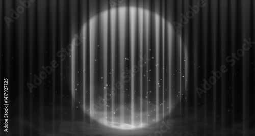 Retro black stage curtain with spotlight, sparkles, fog and smoke machine effects. Elegant theatrical backdrop for show, concert, cinema or award presentation. Retro dramatic scene vector illustration