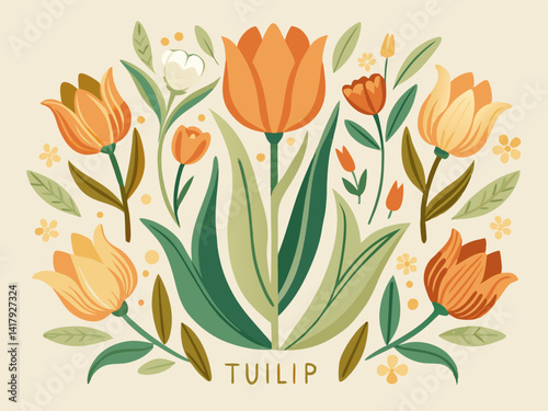Illustration of various tulip flowers with green leaves on a beige background and the word tulip below