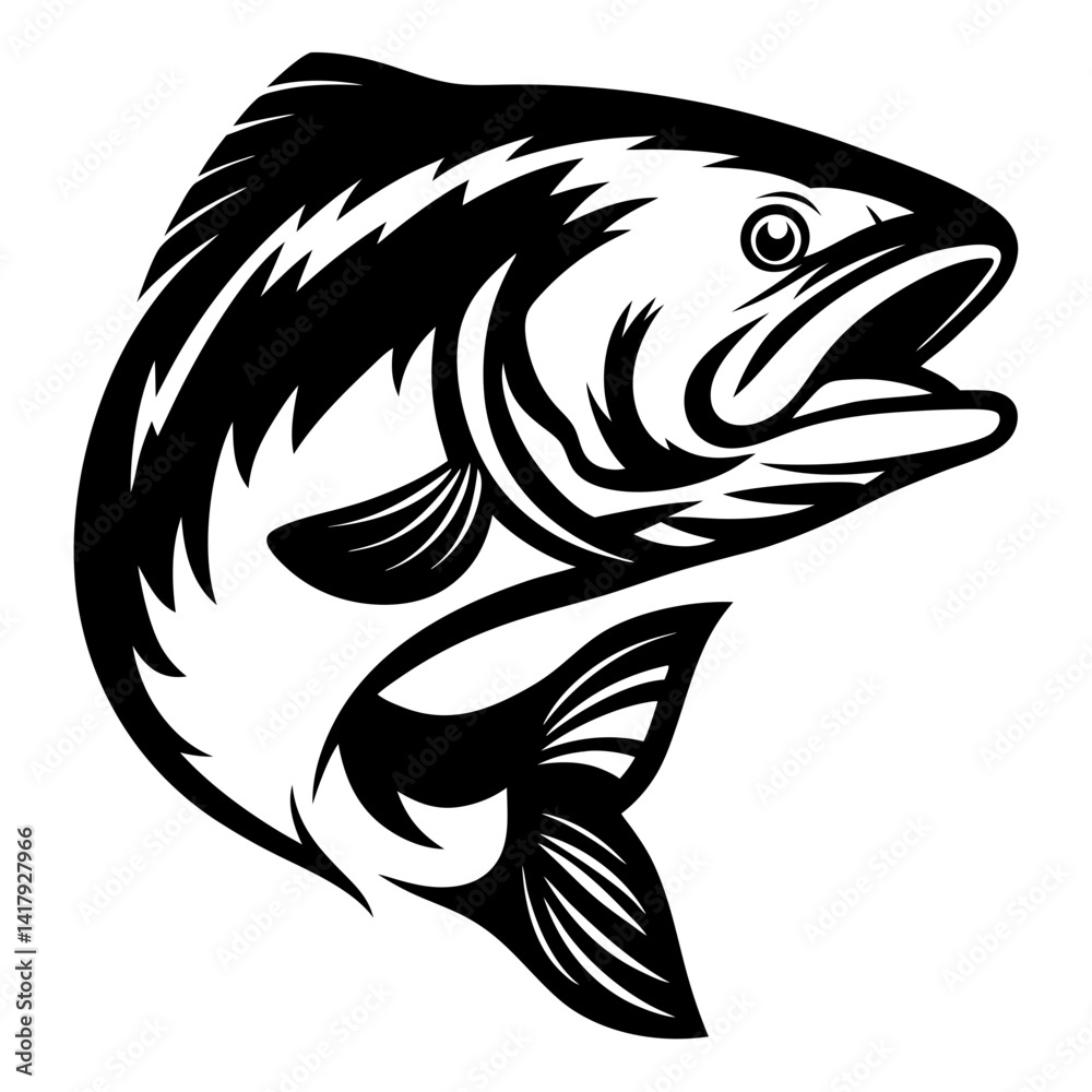Naklejka premium Stylized black and white illustration of a trout fish leaping up