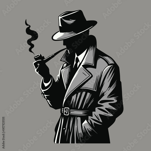 Vector Illustration of a Mysterious Detective Smoking a Pipe
