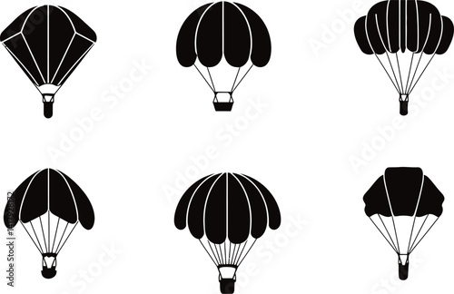 Set of Six Unique Vector Parachute Silhouettes for Skydiving, Military, and Aerial Applications