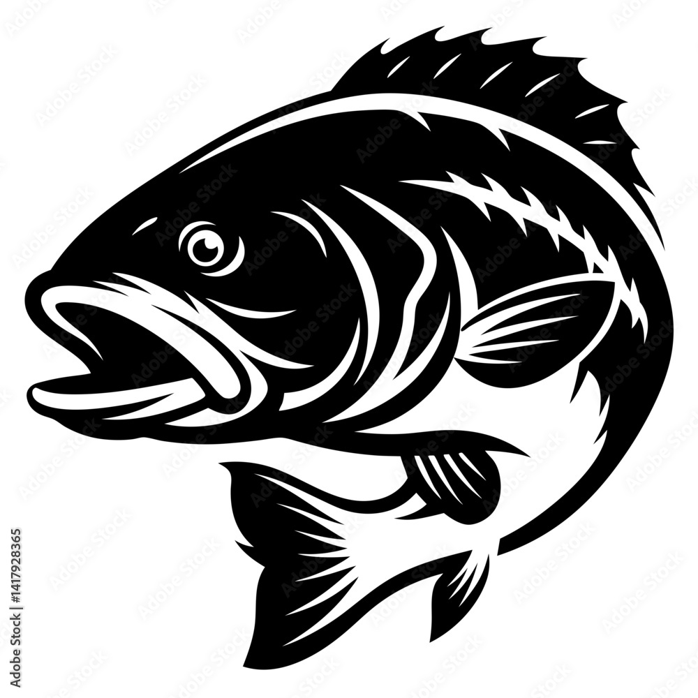 Naklejka premium Stylized black and white illustration of a large mouth bass ready to strike