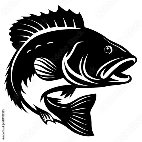 Elegant black and white illustration of a largemouth bass fish jumping