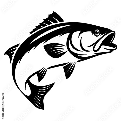 Detailed illustration of a leaping bass fish in black and white graphic