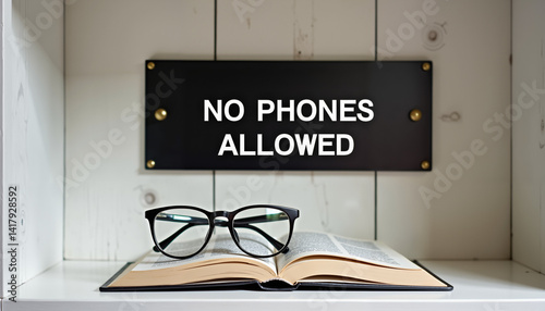 No Phones Allowed sign with glasses and open book on shelf  