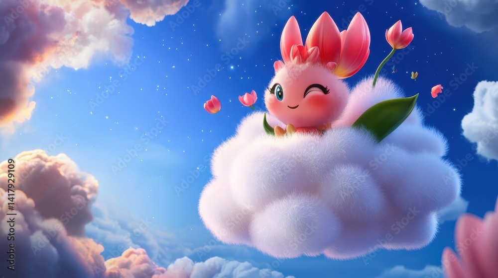 Adorable Pink Bunny Sitting on Soft Cloud Surrounded by Colorful Tulips