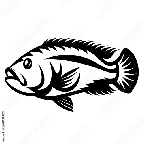 Black and white graphic illustration of a stylized spiky fin fish