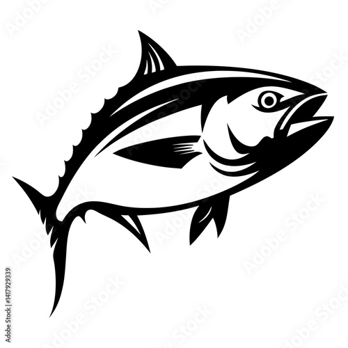 Monochrome drawing of a powerful predatory fish swimming upwards in black ink