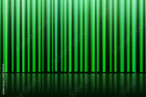 Elegant green curtain with soft velvet folds and floor reflection. Luxurious closed stage backdrop for opera, cinema, concert or cultural event. Vector illustration with retro and abstract style.