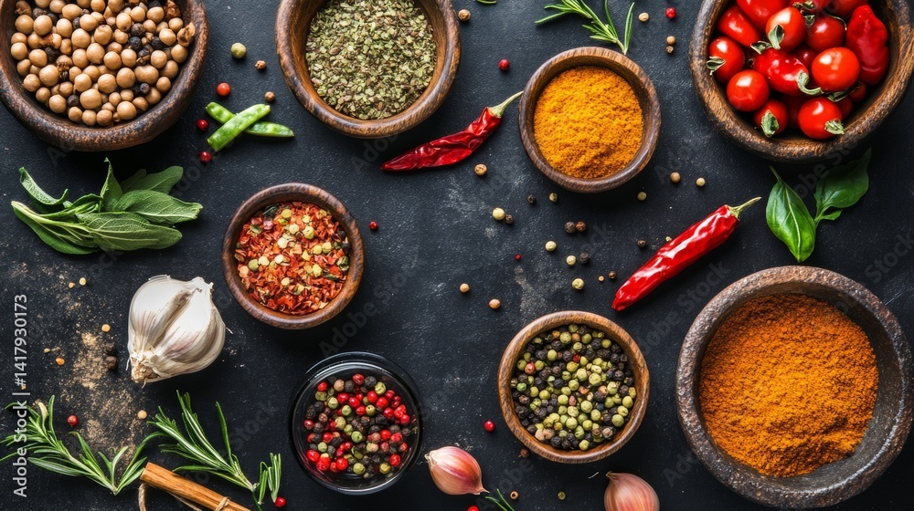 Assorted spices and herbs on dark textured surface Assorted spices and herbs on dark textured surface