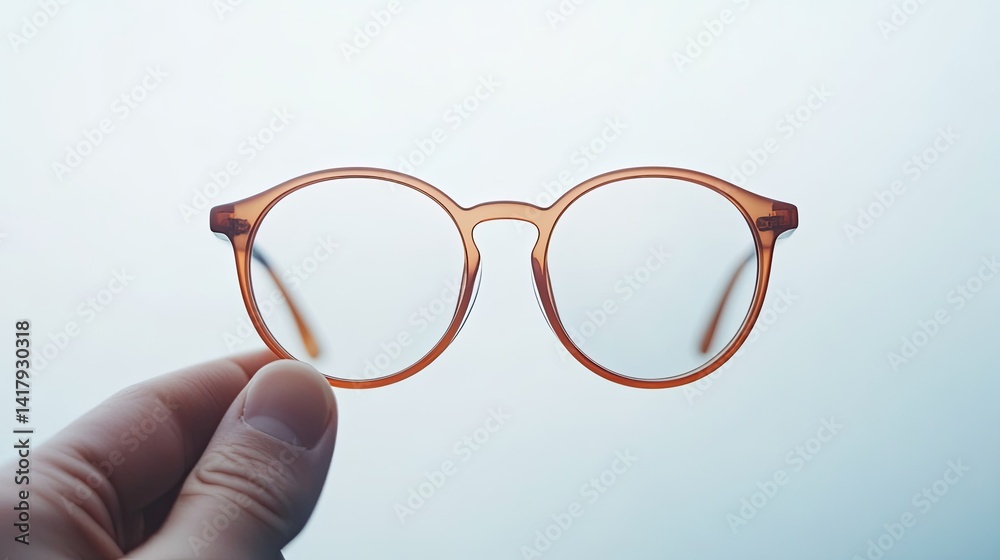 Clear glass lens for spectacles balanced between thumb and finger above spotless white background. Clear glass lens for spectacles balanced between thumb and finger above spotless white background.