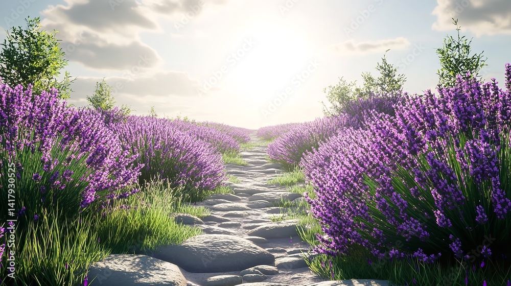 Obraz premium Scenic Lavender Field Path Summer Sunlight Tranquil Nature Beautiful Purple Flowers Blossoms Peaceful Serene Landscape Idyllic Rural Setting Stone