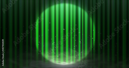 Luxurious green curtain with spotlight and fog effect on elegant stage. Realistic velvet drapes, sparkles and smoke create dramatic ambiance. Perfect for concert, opera, grand opening or promotion.