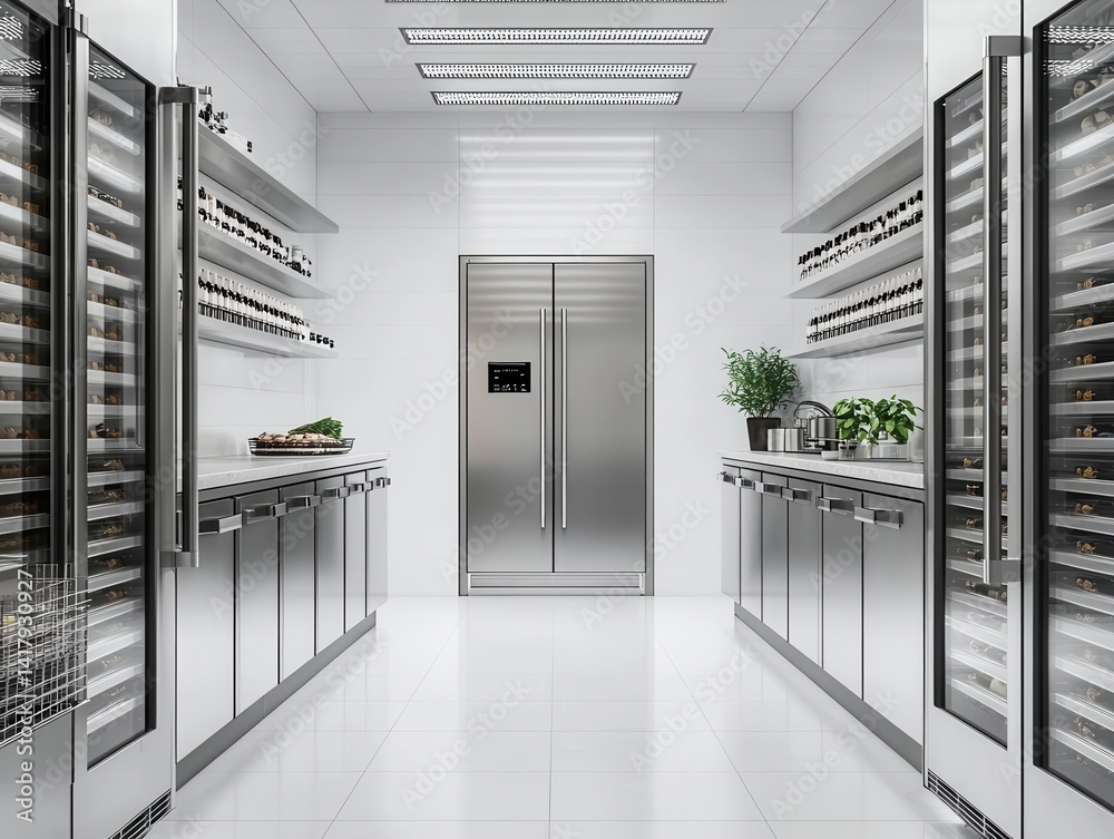 Ultramodern stainless steel cold storage room with precision climate control, AIpowered sensors, and seamless modular design Ultramodern stainless steel cold storage room with precision climate control, AIpowered sensors, and seamless modular design
