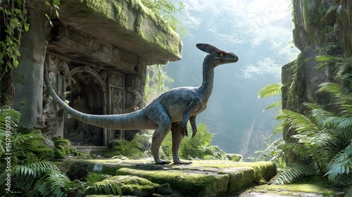A massive pachycephalosaurus dinosaur standing alert amid the overgrown ruins of an ancient structure surrounded by lush green foliage and a mysterious jungle environment photo