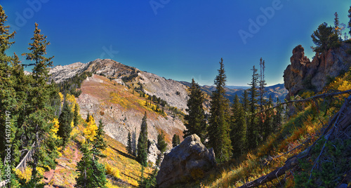 Box Elder Peak hiking views from trail, American Fork Canyon. Lone Peak, Mt Timpanogos, Wasatch Range Rocky Mountains, Utah, United States.