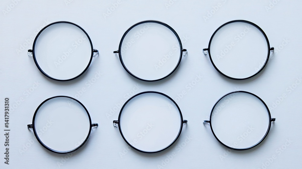 Flat lay of round clear lenses for glasses on white desk, minimalist style.