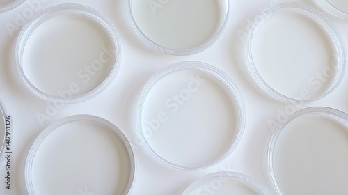 Flat lay of round clear lenses for glasses on white desk, minimalist style.