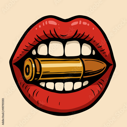 Vector Illustration of Red Lips Biting a Bullet