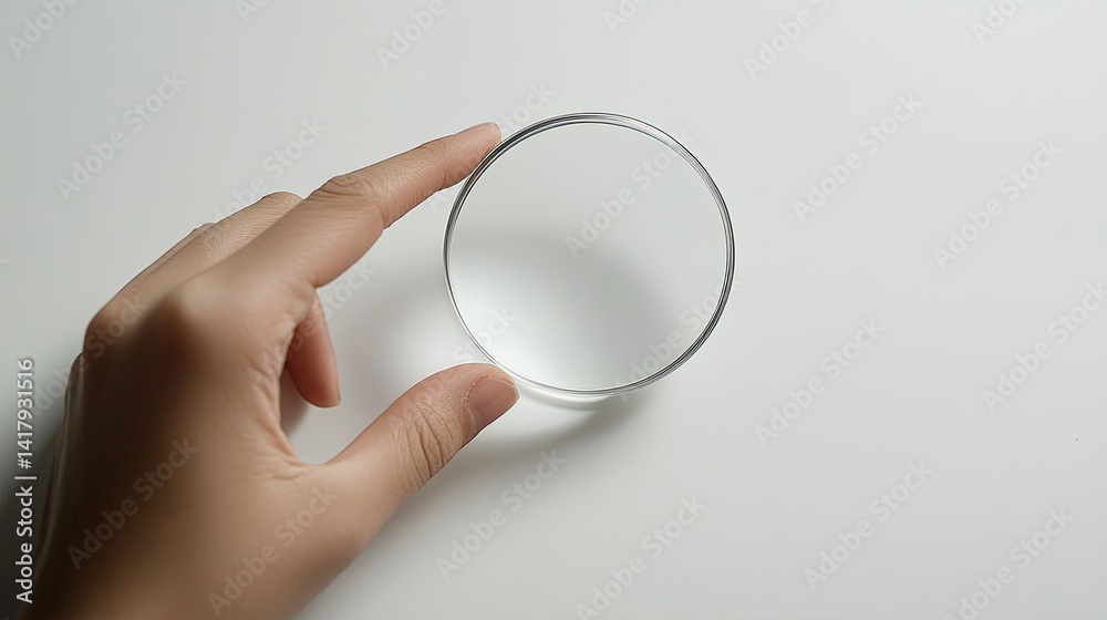 Hand gripping a clear round lens for glasses, positioned above a smooth white tabletop, showcasing clarity and detail.