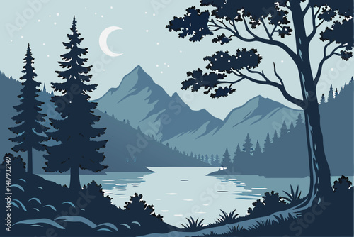 73 Moonlit mountain landscape, serene lake reflection, silhouetted trees, night sky with stars, tranquil wilderness scene, monochromatic blue tones, atmospheric mist, calm water surface, rocky shoreli