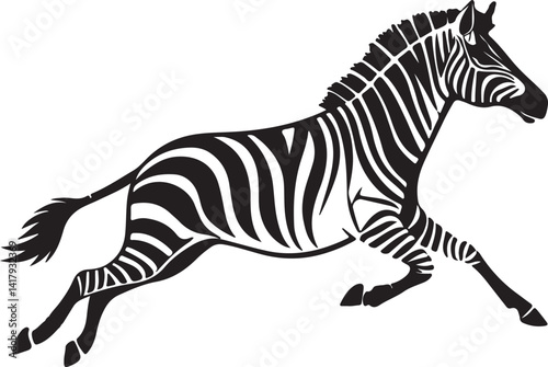 Running zebra and stand zebra animal vector silhouette isolated white background Black silhouette of running zebra on white background of vector illustration