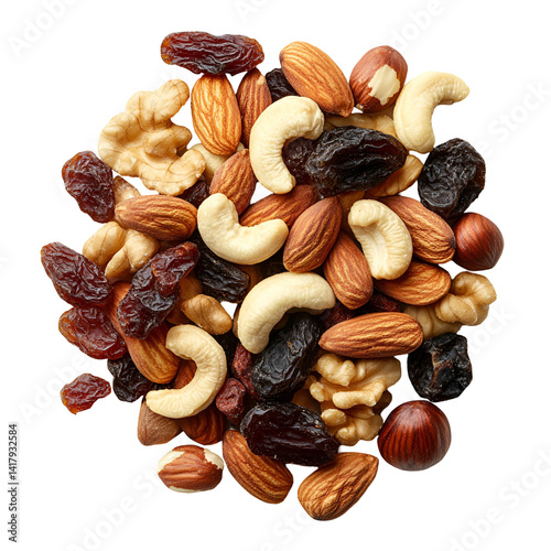 Assorted nuts and dried cranberries falling on a transparent background, healthy snack mix of walnuts, cashews, almonds, hazelnuts, and cranberries Concept of healthy eating, nutrition, and snack