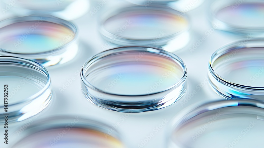 Set of clear optical lenses laid out in a clean, sterile white workspace for inspection.