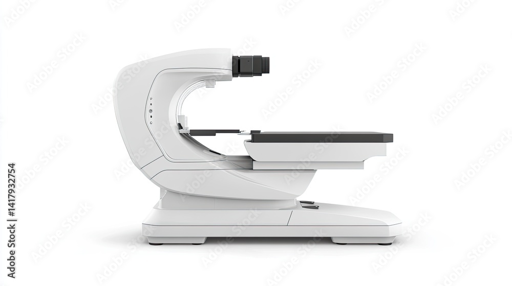 Side view of autorefractor eye exam machine on white background, emphasizing its modern shape.