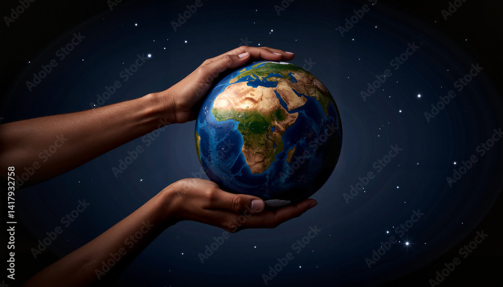 Hands holding earth globe against starry background Hands holding earth globe against starry background