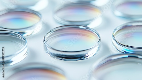 Obraz na płótnie Set of clear optical lenses laid out in a clean, sterile white workspace for inspection. w salonie