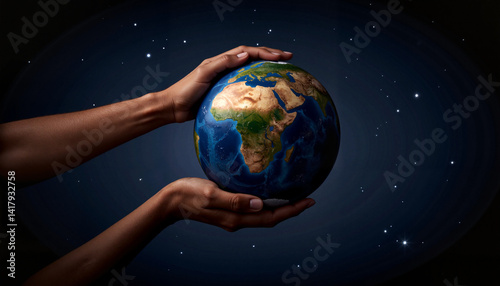 Hands holding earth globe against starry background