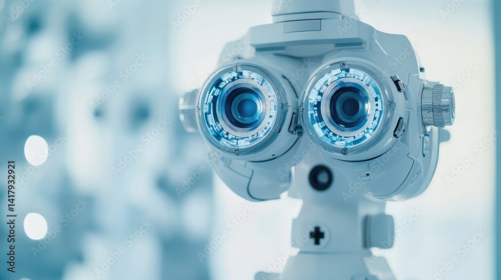 State-of-the-art autorefractor standing ready on a white optometry table in clinical lighting.