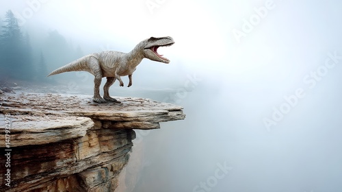 Fototapeta Naklejka Na Ścianę i Meble -  A powerful Allosaurus dinosaur stands atop a rugged weathered cliff its jaws open in a fierce roar as misty fog rolls in from the landscape below creating an atmosphere of mystery and primal energy