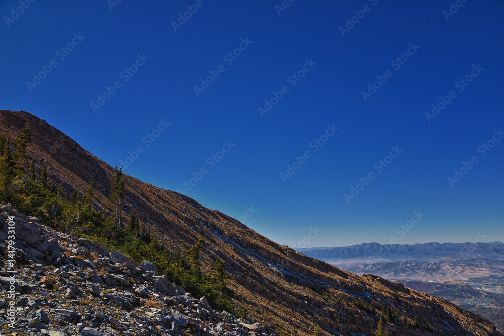 Box Elder Peak hiking views from trail, American Fork Canyon. Lone Peak, Mt Timpanogos, Wasatch Range Rocky Mountains, Utah, United States.