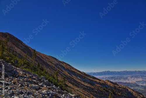 Obraz na płótnie Box Elder Peak hiking views from trail, American Fork Canyon. Lone Peak, Mt Timpanogos, Wasatch Range Rocky Mountains, Utah, United States. w salonie