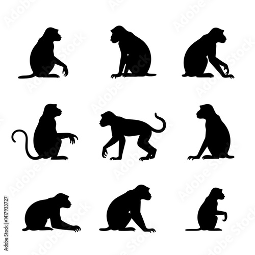 Set of monkey silhouette on white background	