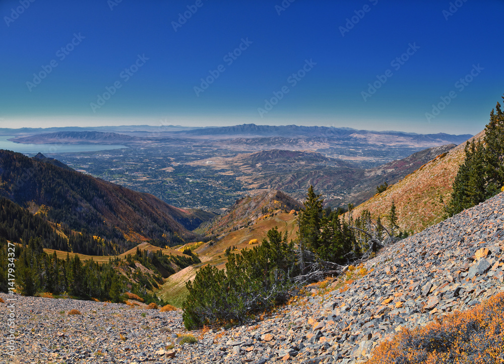 Box Elder Peak hiking views from trail, American Fork Canyon. Lone Peak, Mt Timpanogos, Wasatch Range Rocky Mountains, Utah, United States.