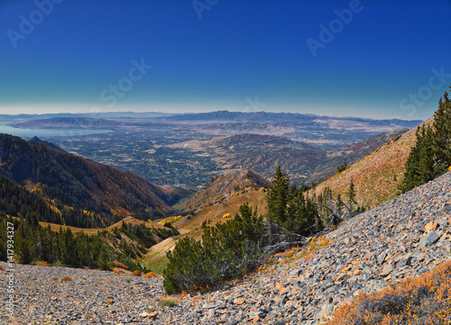 Obraz na płótnie Box Elder Peak hiking views from trail, American Fork Canyon. Lone Peak, Mt Timpanogos, Wasatch Range Rocky Mountains, Utah, United States. w salonie