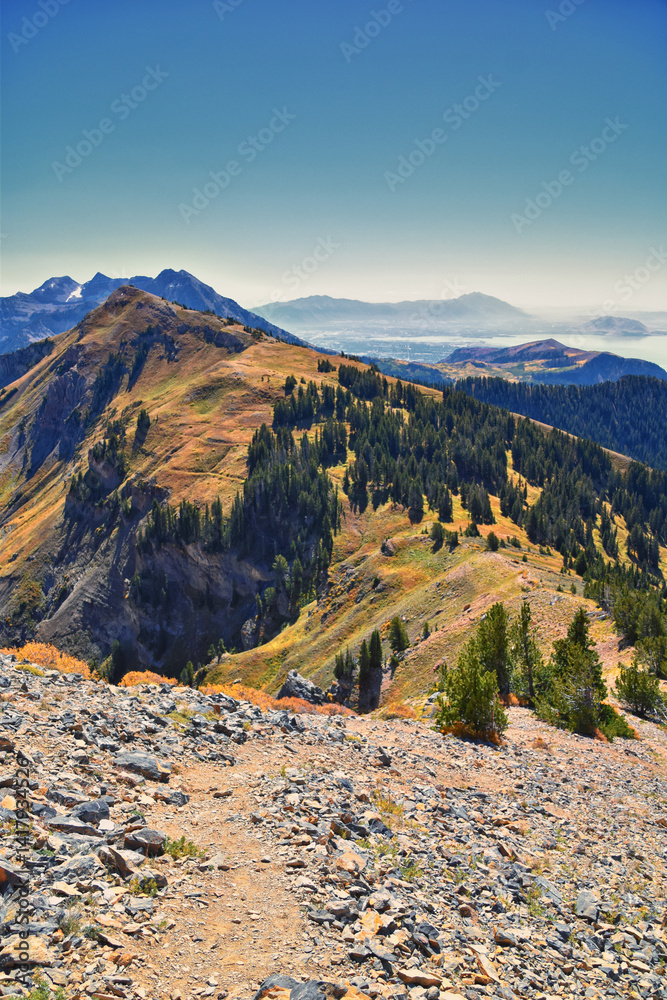 Box Elder Peak hiking views from trail, American Fork Canyon. Lone Peak, Mt Timpanogos, Wasatch Range Rocky Mountains, Utah, United States.