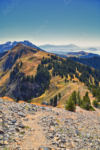 Obraz na płótnie Box Elder Peak hiking views from trail, American Fork Canyon. Lone Peak, Mt Timpanogos, Wasatch Range Rocky Mountains, Utah, United States. w salonie