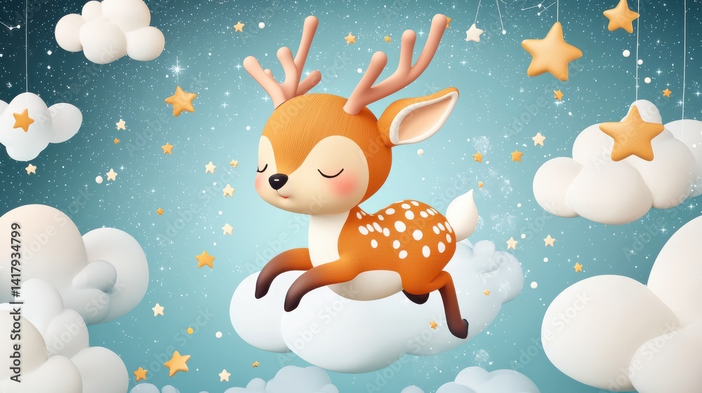 Whimsical Cartoon Deer Resting on Fluffy Cloud in a Dreamy Sky Scene Whimsical Cartoon Deer Resting on Fluffy Cloud in a Dreamy Sky Scene