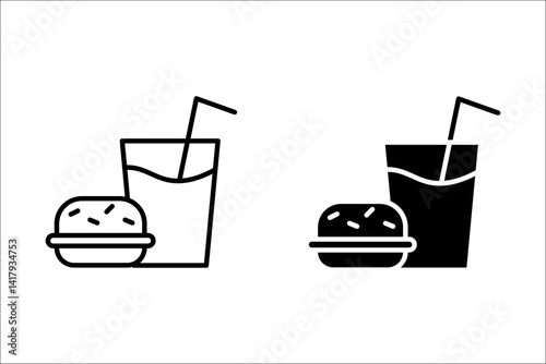 Fast Food Unhealthy Diet Icon. Vector Linear Illustration of Burger and Soda, Representing Poor Dietary Choices and Health Risks. 