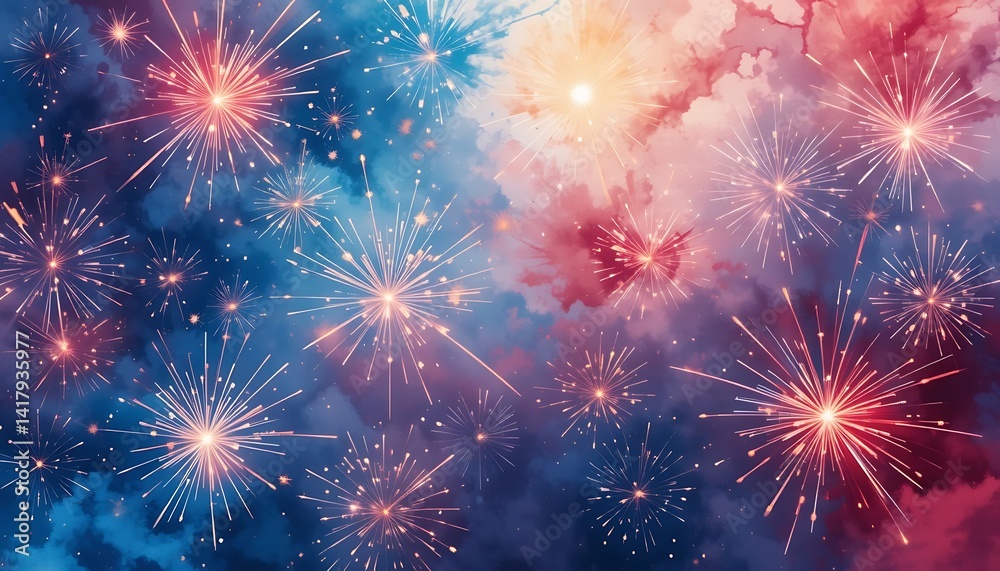 Fototapeta premium Sparkling Fireworks Display in Night Sky with Red and Blue Colors