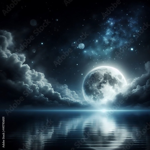 Dreamy night sky with moon reflection