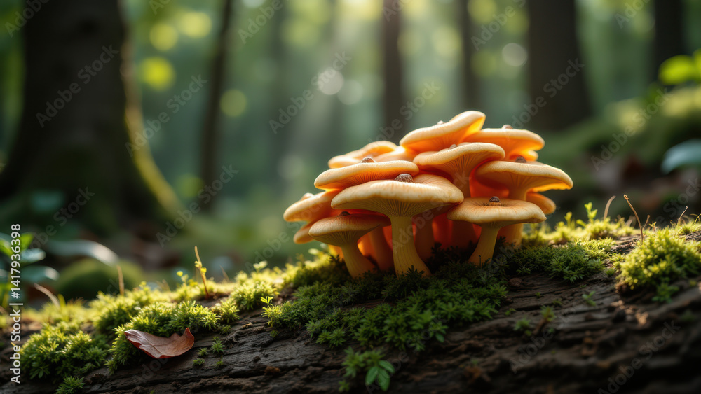 A close-up of a cluster of golden mushrooms growing in a forested area with sunlight streaming through the canopy. A close-up of a cluster of golden mushrooms growing in a forested area with sunlight streaming through the canopy.