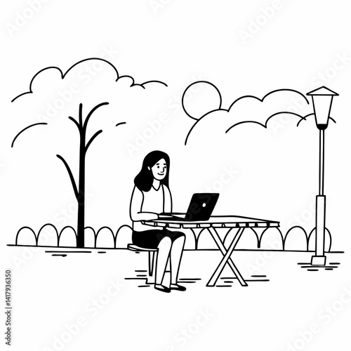 A woman sits at a table outdoors, smiling while contemplating her work on a laptop during the evening