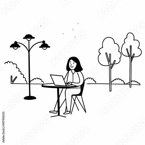 A woman sits at a table outdoors, smiling while contemplating her work on a laptop during the evening