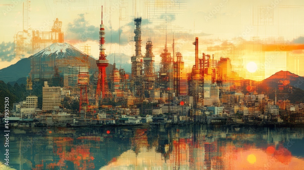 Naklejka premium Tokyo skyline blended with industrial facilities and Mount Fuji behind